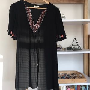 Boho mini dress with embroidery & tassels small